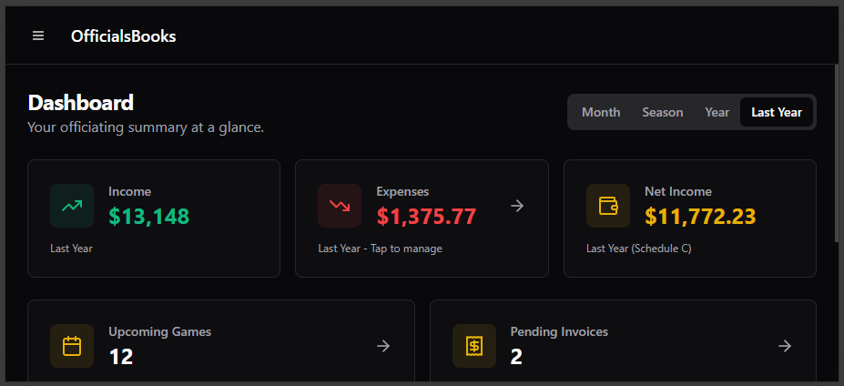 OfficialsBooks Mobile Dashboard